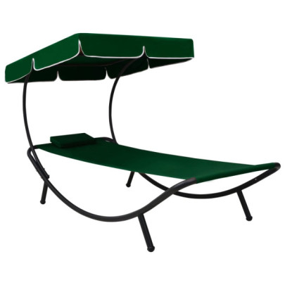 Pat șezlong de exterior cu baldachin și pernă - verde